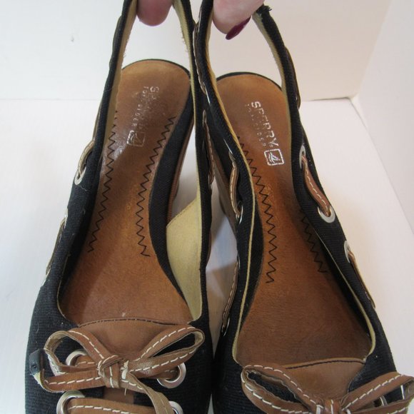 Sperry Black Wedge Sling Back Peep Toe Heels Sandals - Picture 9 of 10